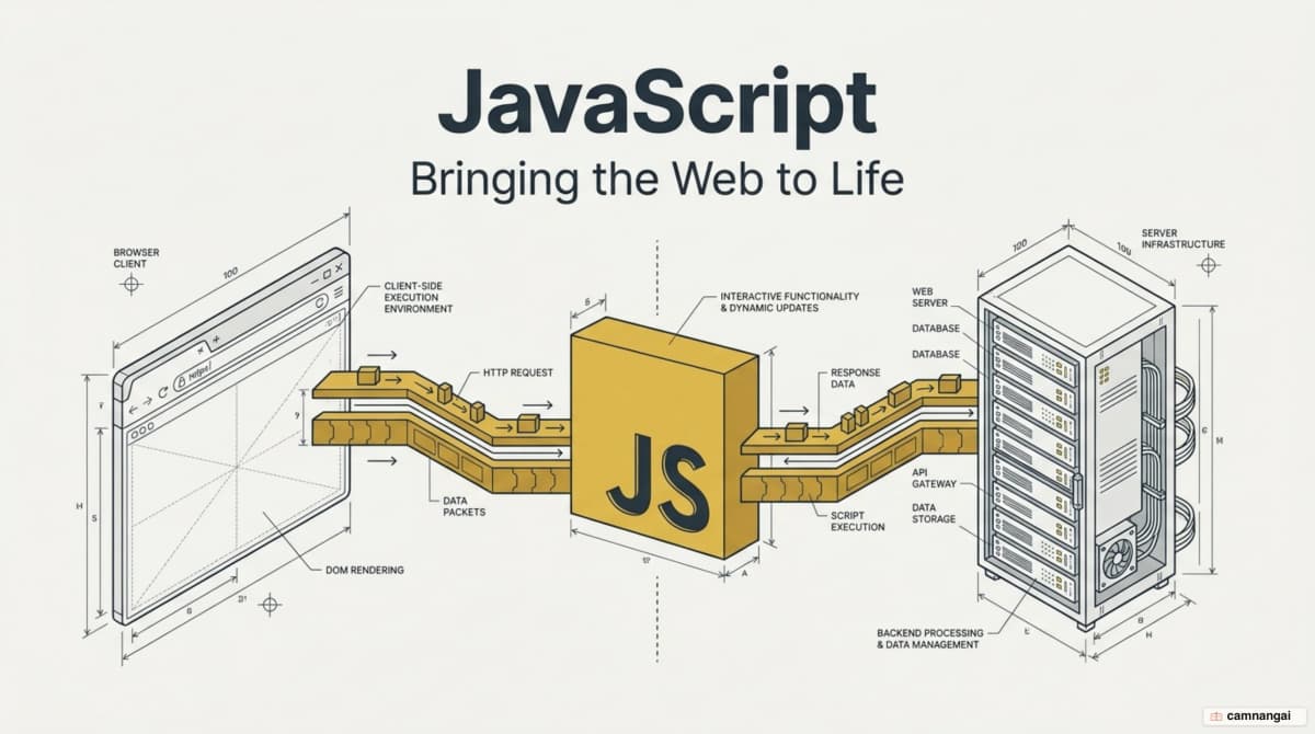JavaScript — the language that runs from the browser to the server, the article's theme image
