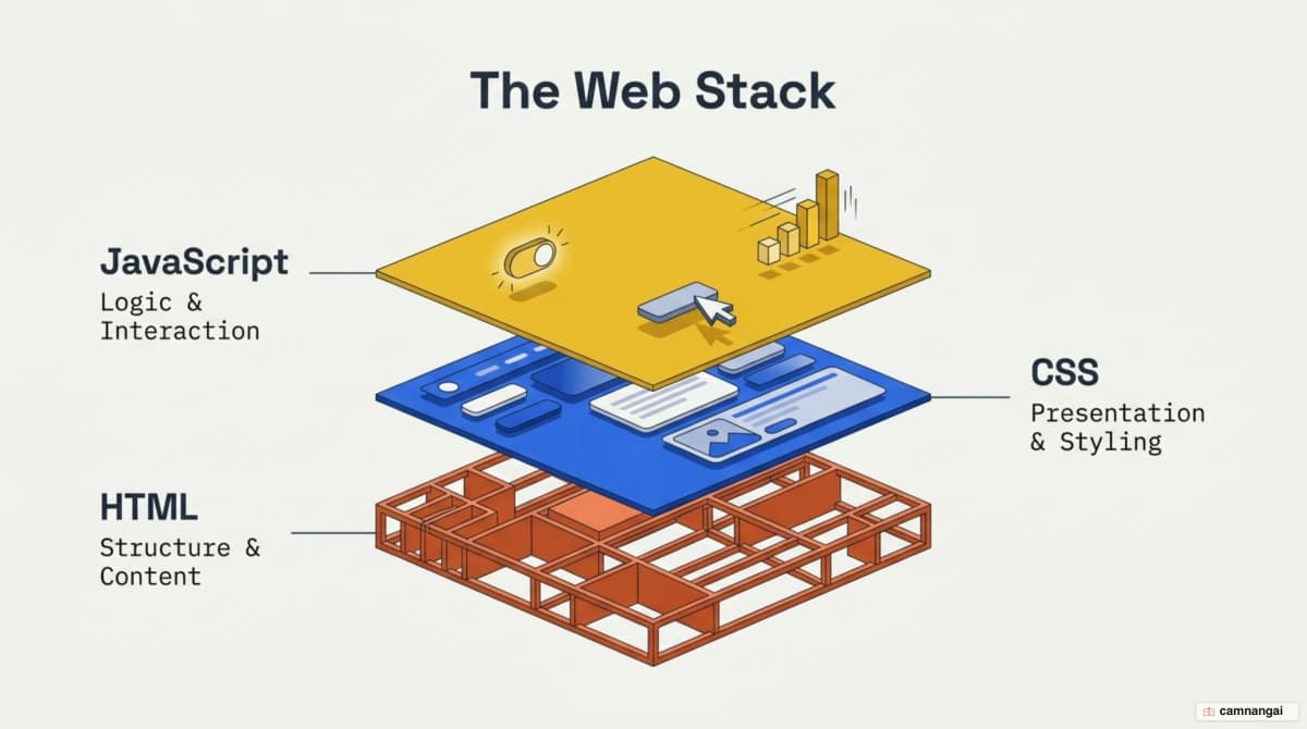 The three layers of a web page: HTML for structure, CSS for presentation, JavaScript for logic and interaction