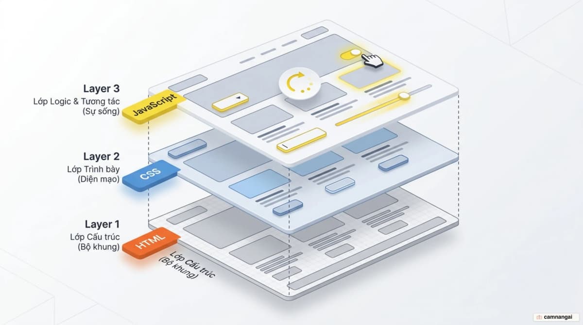 Ba lớp của một trang web: HTML cho cấu trúc, CSS cho trình bày, JavaScript cho logic và tương tác