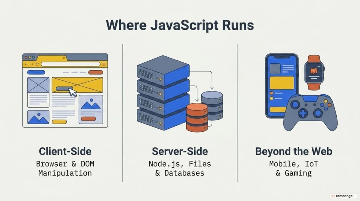 JavaScript running in the browser, on the server through Node.js, and beyond the web in mobile, IoT and games