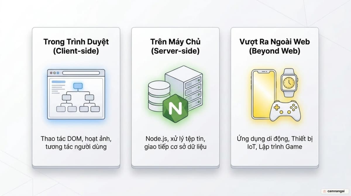 JavaScript chạy trong trình duyệt, trên máy chủ qua Node.js, và ngoài web trong di động, IoT và game