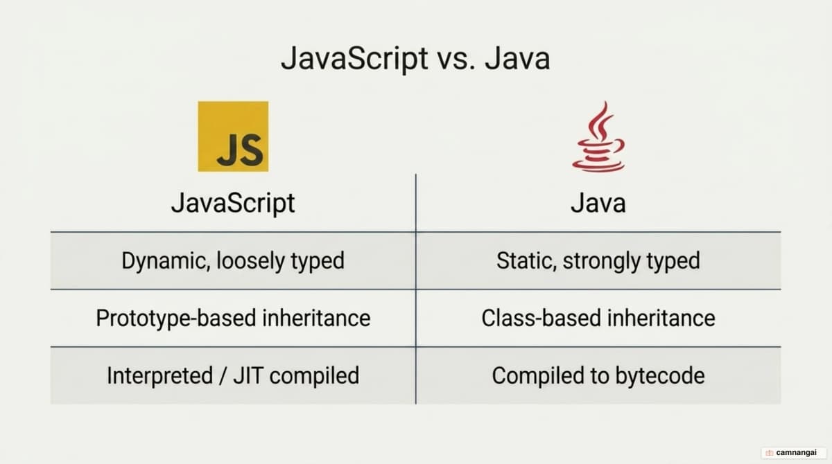 JavaScript compared with Java: dynamic versus static typing, prototype versus class inheritance