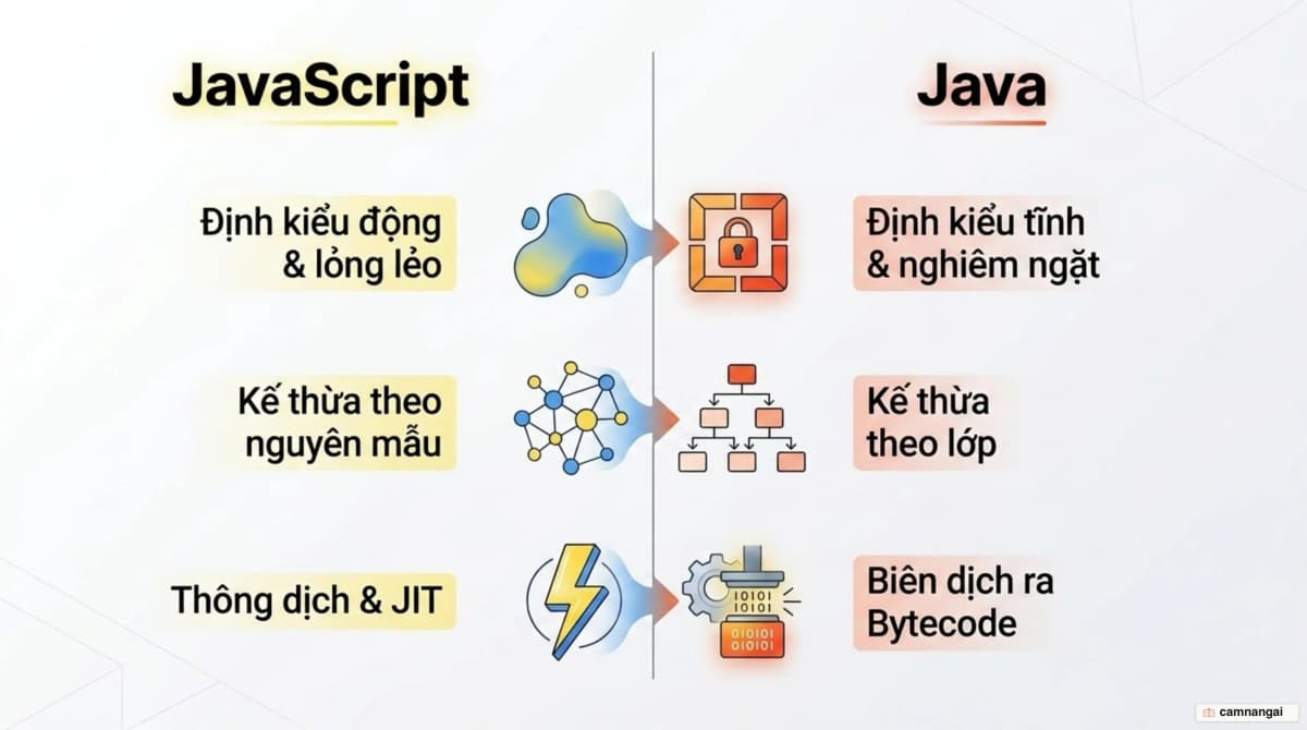So sánh JavaScript và Java: định kiểu động so với định kiểu tĩnh, kế thừa nguyên mẫu so với kế thừa lớp