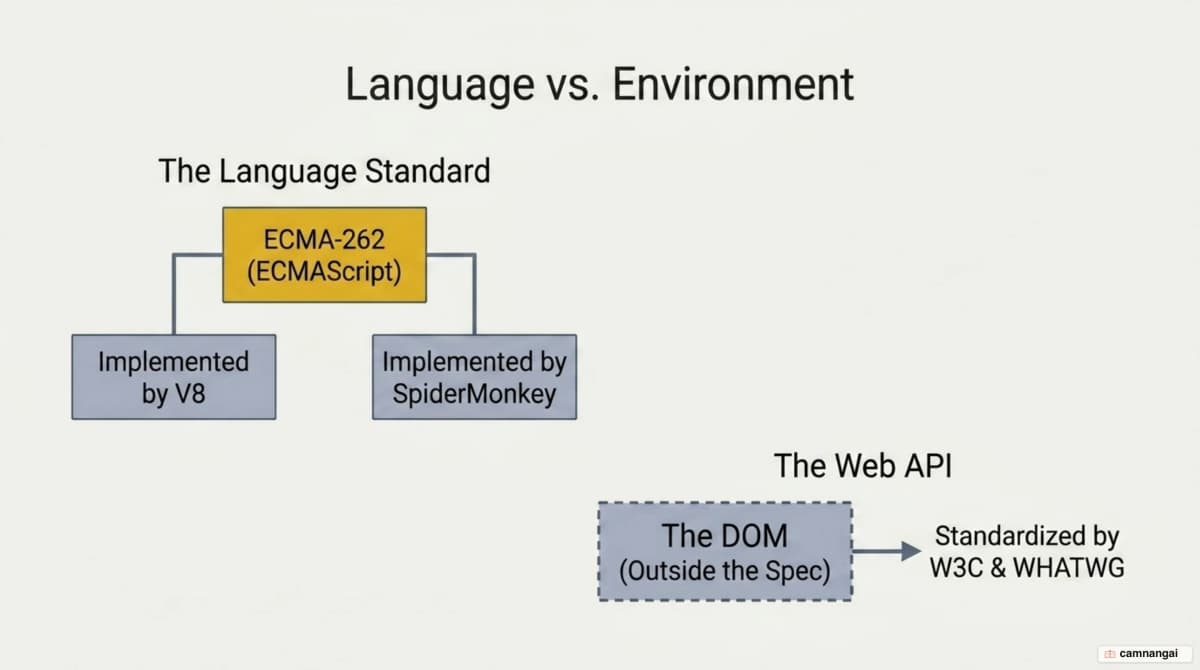 The ECMA-262 specification defines the language, engines like V8 and SpiderMonkey implement it, and the DOM is standardized by W3C and WHATWG