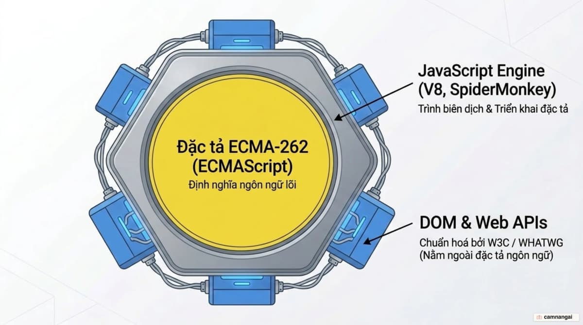 Đặc tả ECMA-262 định nghĩa ngôn ngữ, các engine V8 và SpiderMonkey triển khai, DOM do W3C và WHATWG chuẩn hoá