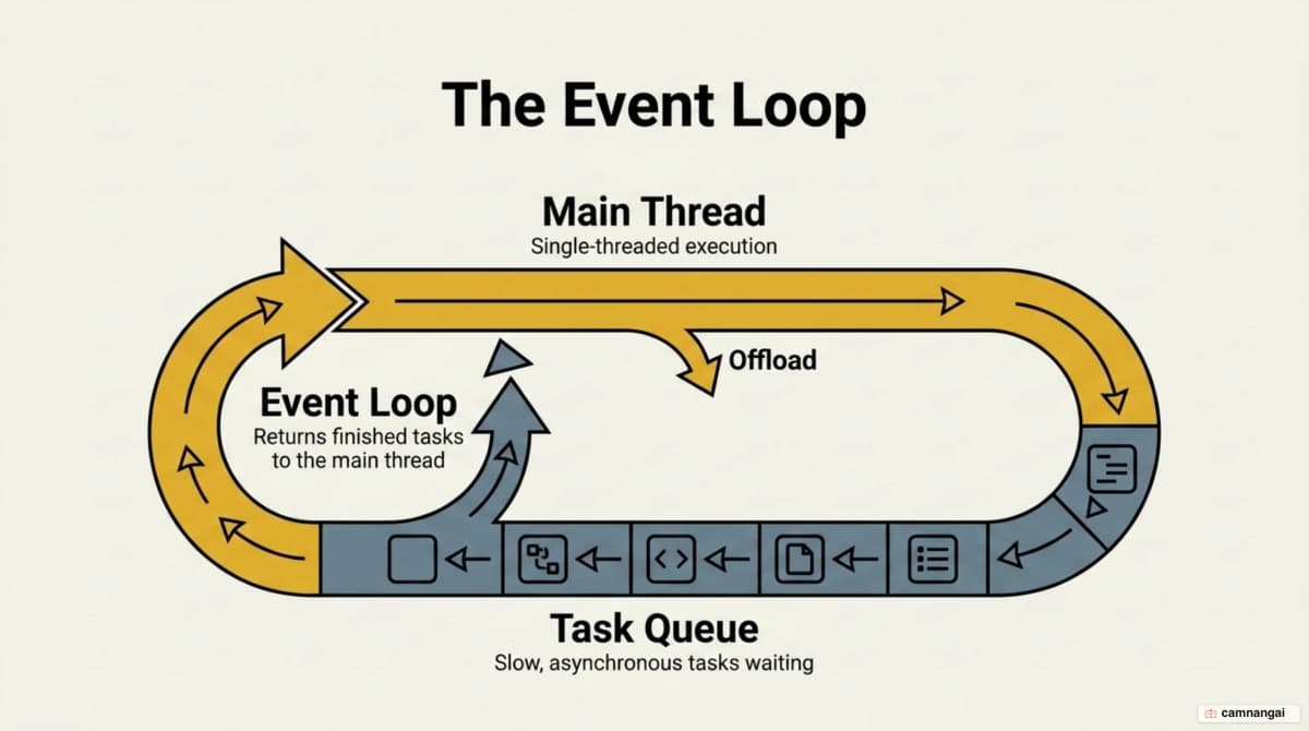 The single-threaded model and the event loop: slow tasks move to a queue and return to the main thread when done