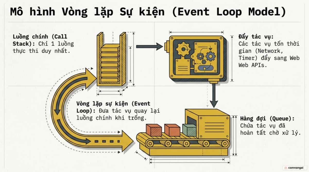 Mô hình đơn luồng và vòng lặp sự kiện: tác vụ chờ được đẩy vào hàng đợi rồi quay lại luồng chính