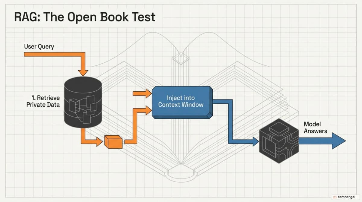 RAG as an open book test: retrieve private data and inject it into the context window before the model answers