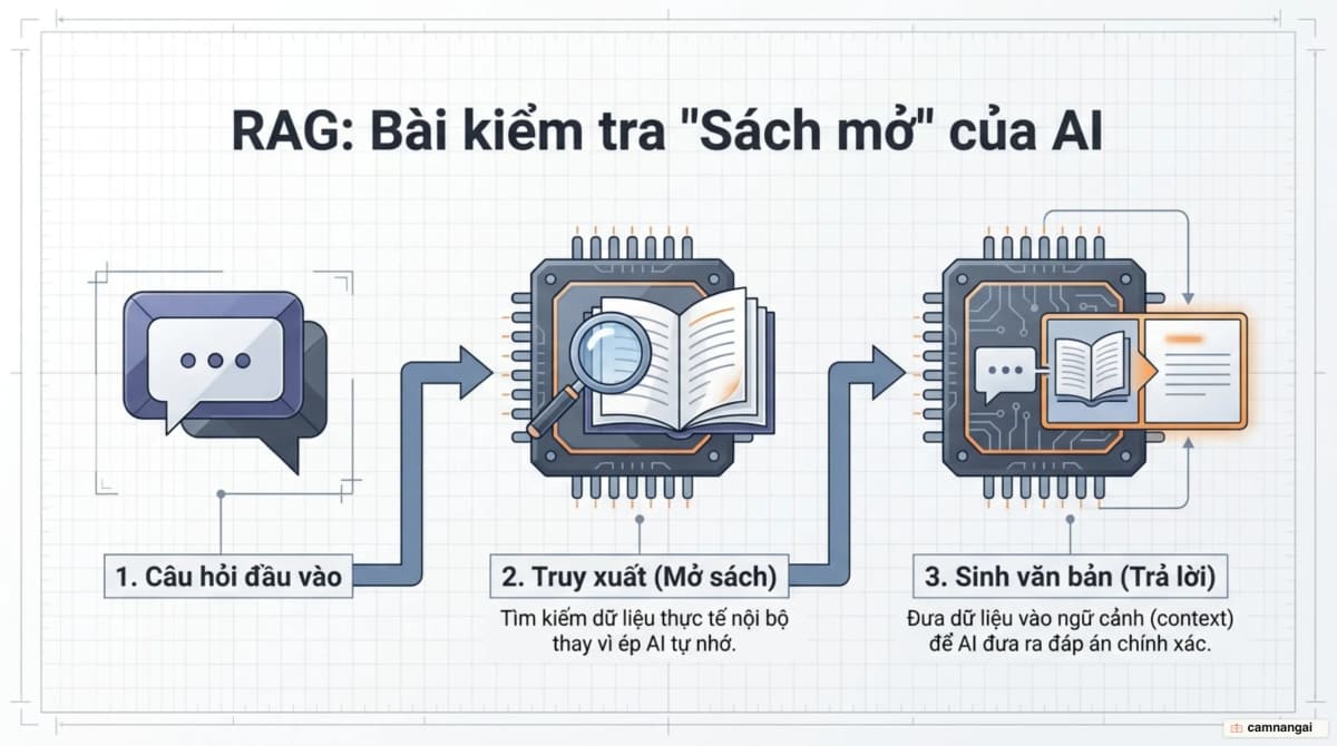 Quy trình RAG như một bài kiểm tra sách mở: truy xuất dữ liệu riêng rồi đưa vào ngữ cảnh trước khi mô hình trả lời
