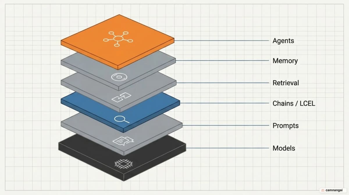 The six core LangChain building blocks in layers: models, prompts, chains and LCEL, retrievers, memory, and agents