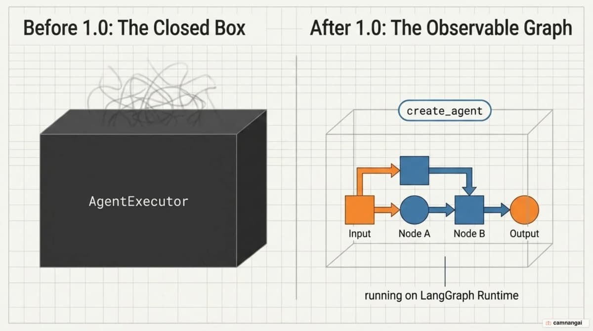 Before and after 1.0: the closed AgentExecutor replaced by create_agent running on the LangGraph runtime