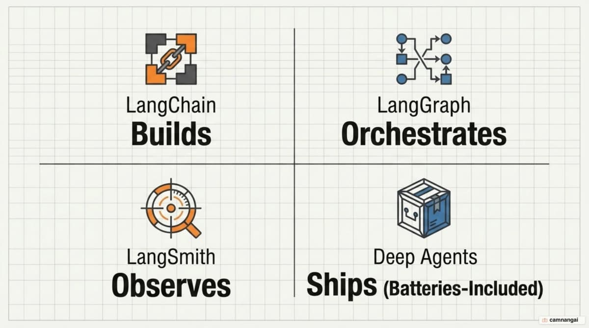 Four-part ecosystem map: LangChain builds, LangGraph orchestrates, LangSmith observes, Deep Agents ships batteries-included
