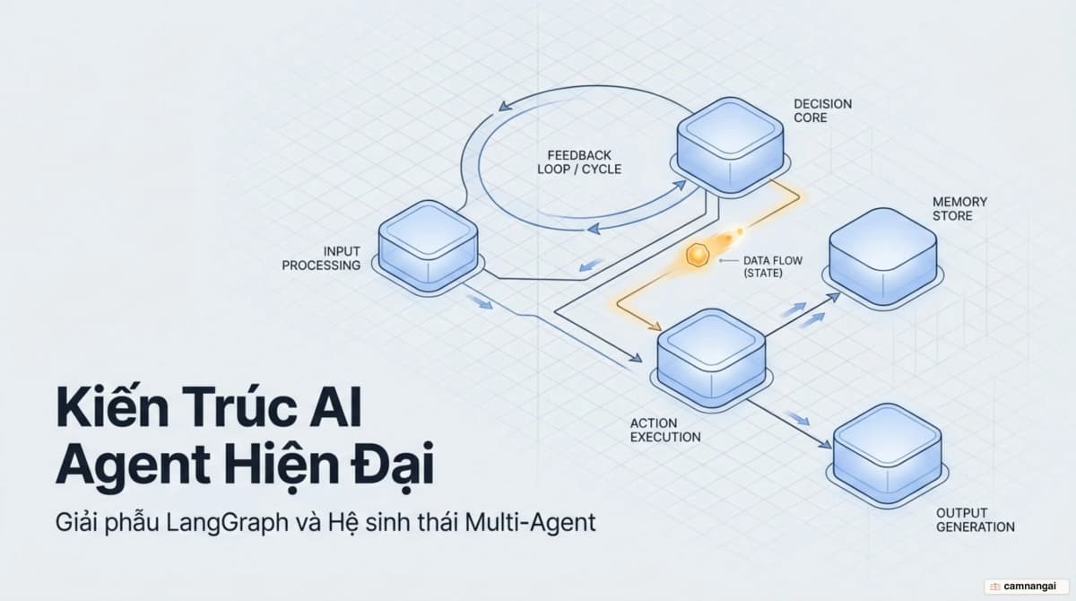 Minh hoạ LangGraph: một đồ thị có hướng gồm các node nối với nhau, có vòng lặp quay ngược lại và trạng thái chảy xuyên suốt