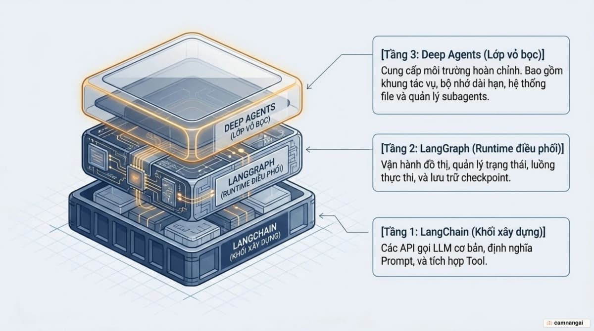 Ba tầng của hệ sinh thái: LangChain là khối xây dựng cơ bản ở dưới, LangGraph là runtime điều phối ở giữa, Deep Agents là lớp vỏ bọc trên cùng