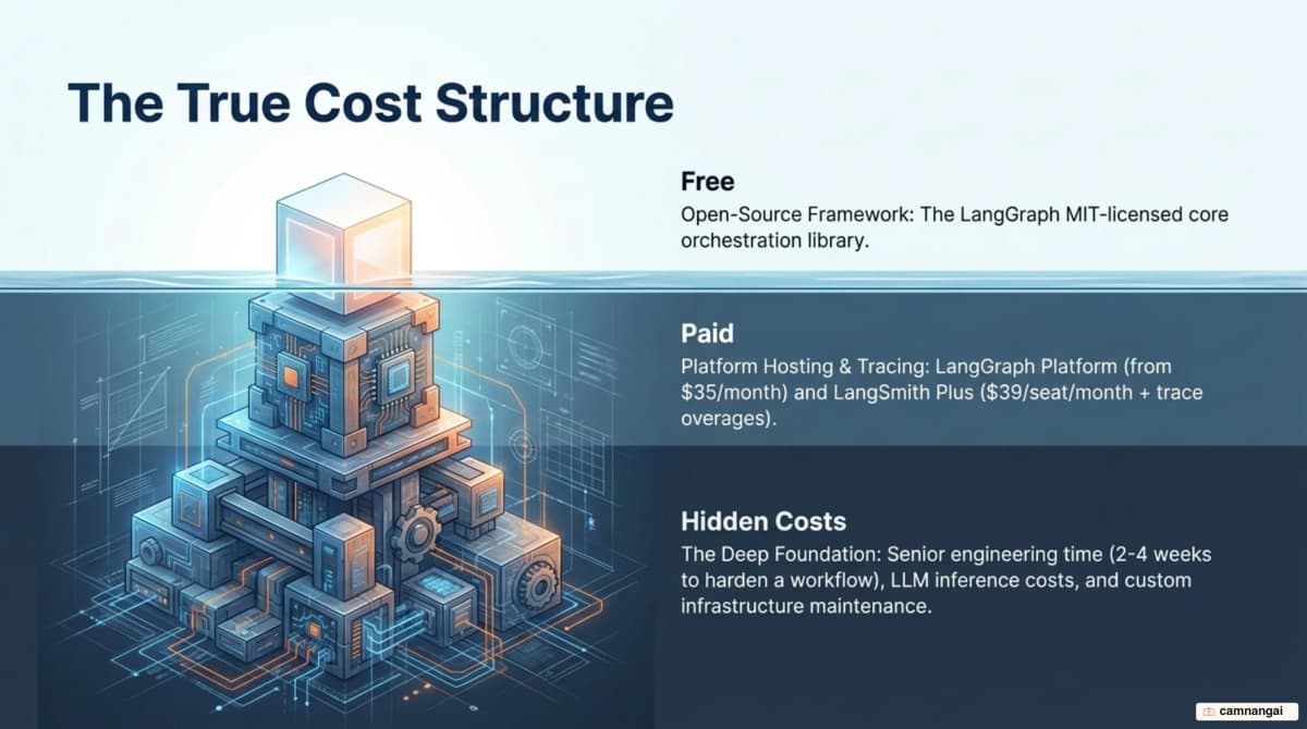 The cost structure of LangGraph: a free open-source framework alongside the paid layers for hosting and tracing, plus engineering time
