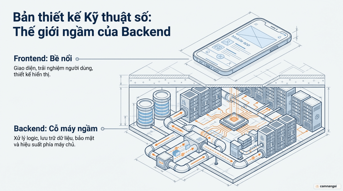 Minh hoạ phần backend: giao diện người dùng ở phía trước, còn máy chủ, cơ sở dữ liệu và API vận hành phía sau