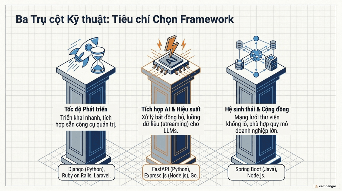 Ba tiêu chí chọn framework backend: tốc độ phát triển, khả năng tích hợp AI và hiệu suất, hệ sinh thái và cộng đồng