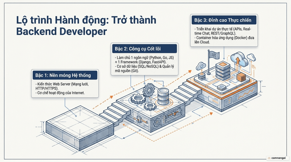Lộ trình học backend: kiến thức web server, rồi ngôn ngữ cốt lõi cùng cơ sở dữ liệu và Git, sau đó là dự án thực tế