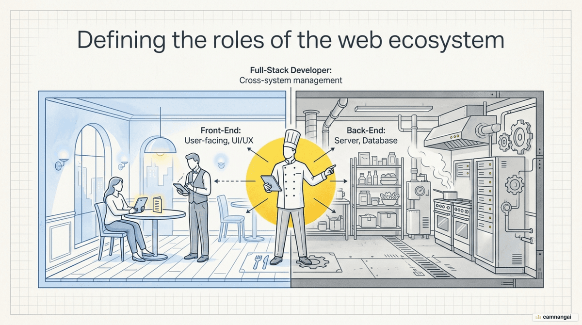 Front-end versus back-end versus full-stack: the user-facing interface, the server and database behind it, and the developer who works across both