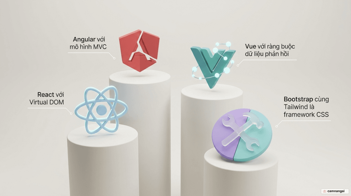 Bối cảnh framework frontend: React với Virtual DOM, Angular theo mô hình MVC, Vue với ràng buộc dữ liệu phản hồi, cùng các framework CSS như Bootstrap và Tailwind
