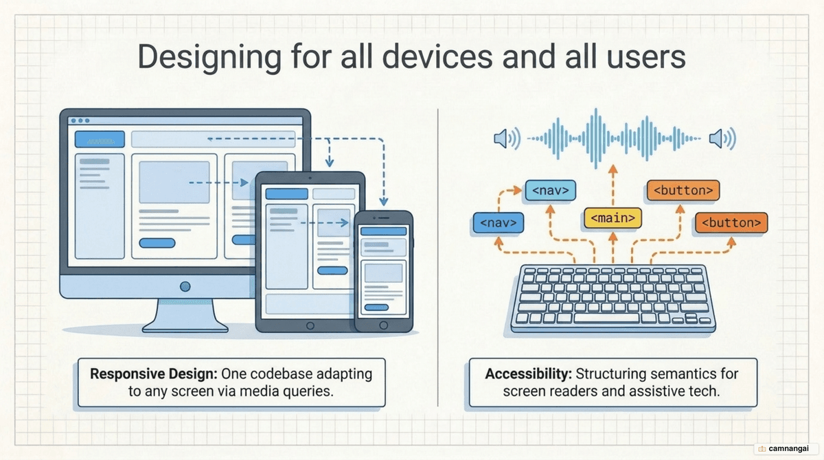 Responsive design and accessibility: one layout adapting from phone to large desktop screen, alongside screen-reader support for people with disabilities