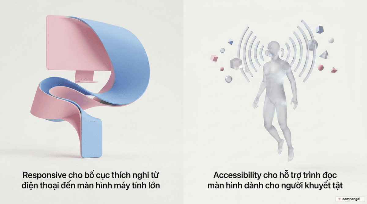 Responsive và accessibility: một bố cục thích nghi từ điện thoại đến màn hình máy tính lớn, kèm hỗ trợ trình đọc màn hình cho người khuyết tật