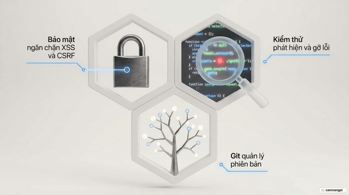 Ba trụ chất lượng phía frontend: bảo mật trước XSS và CSRF, kiểm thử và gỡ lỗi, quản lý phiên bản bằng Git