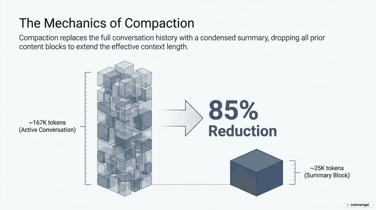 Before and after compaction: a ~167K-token conversation history condensed into a single ~25K-token summary block, about an 85% reduction.