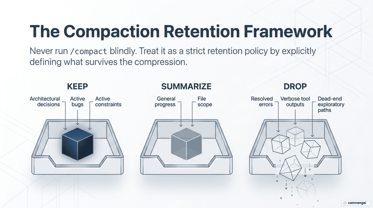The KEEP / SUMMARIZE / DROP framework: three buckets for sorting content when writing a /compact instruction.