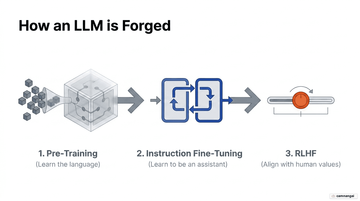 The three sequential stages of training a large language model: pre-training, instruction fine-tuning, and reinforcement learning from human feedback (RLHF)
