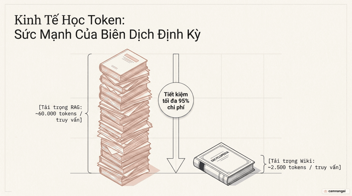 Phép toán token: khoảng 60.000 token dữ liệu thô cho mỗi câu hỏi so với khoảng 2.500 token đã biên dịch, tiết kiệm tới 95%
