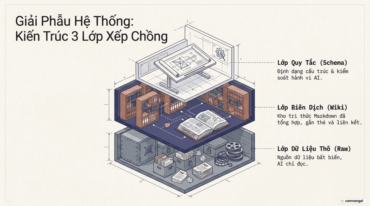 Kiến trúc ba lớp xếp chồng của LLM wiki: lớp Raw nguồn thô, lớp Wiki kho biên dịch, và lớp Schema quy tắc hệ thống