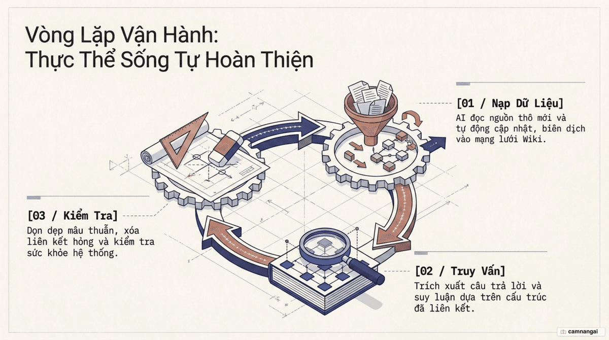 Vòng lặp ba thao tác cốt lõi của LLM wiki: Ingest nạp dữ liệu, Query truy vấn, và Lint kiểm tra sức khỏe