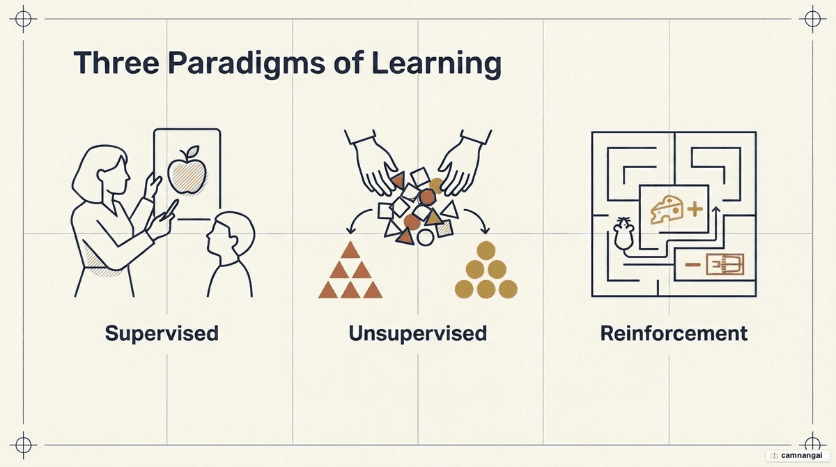 Three paradigms of machine learning side by side: supervised learning (a teacher guiding a student), unsupervised learning (clustering shapes into groups), and reinforcement learning (a mouse navigating a maze toward a reward)