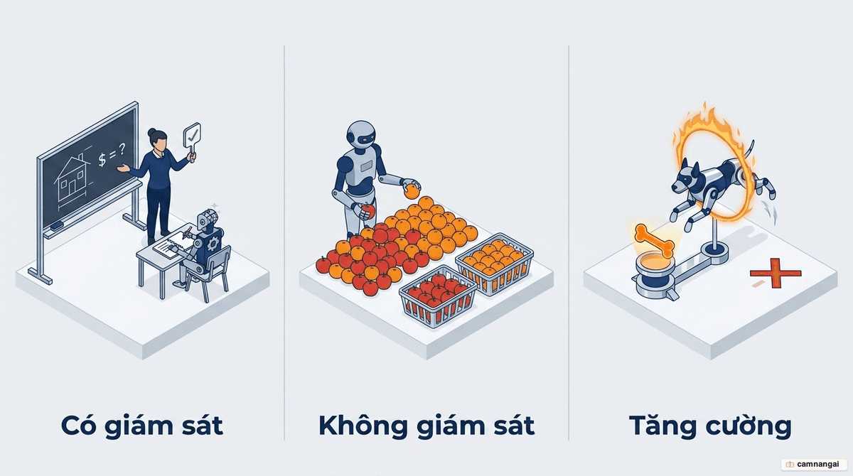 Ba phương pháp học máy đặt cạnh nhau: học có giám sát (thầy dạy trò bên bảng), học không giám sát (robot tự gom dữ liệu thành nhóm), và học tăng cường (robot nhận thưởng - phạt khi vượt vòng)