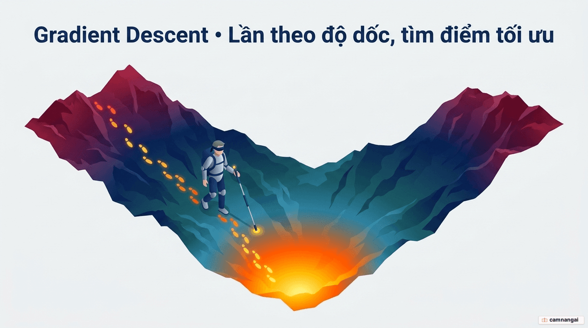 Minh hoạ lao dốc gradient: một người lần theo sườn dốc đi dần xuống đáy thung lũng phát sáng — điểm tối ưu nơi sai số của mô hình nhỏ nhất