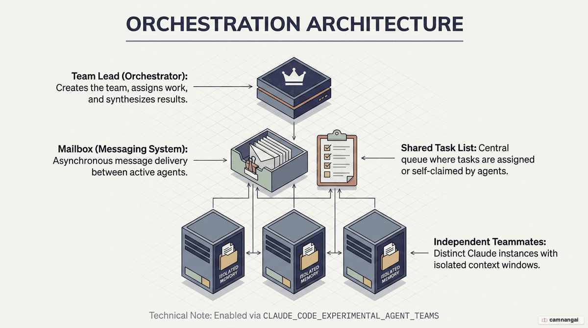 Agent team orchestration architecture: one team lead coordinating several independent teammates through a shared task list and a Mailbox messaging system.