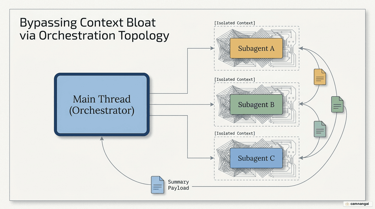 Architecture diagram showing a main thread orchestrator delegating to subagents A, B, and C, each running in an isolated context window and returning a summary payload.