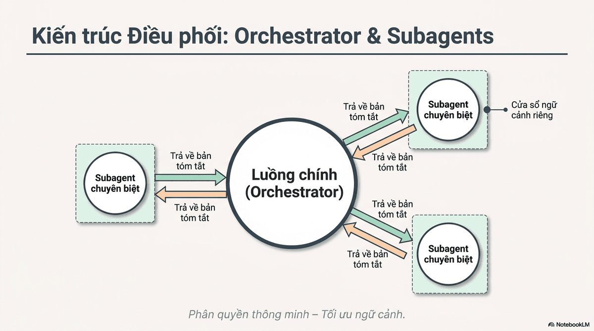 Sơ đồ kiến trúc điều phối: luồng chính (orchestrator) giao việc cho ba subagent chuyên biệt, mỗi subagent chạy trong cửa sổ ngữ cảnh riêng và trả về bản tóm tắt.