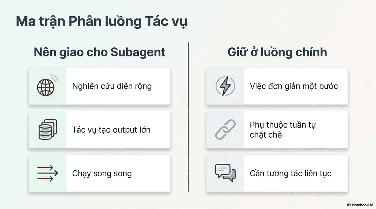 Bảng so sánh khi nào nên giao việc cho subagent (nghiên cứu diện rộng, tác vụ tạo output lớn, chạy song song) và khi nào nên giữ ở luồng chính (việc đơn giản một bước, phụ thuộc tuần tự chặt, cần tương tác liên tục).