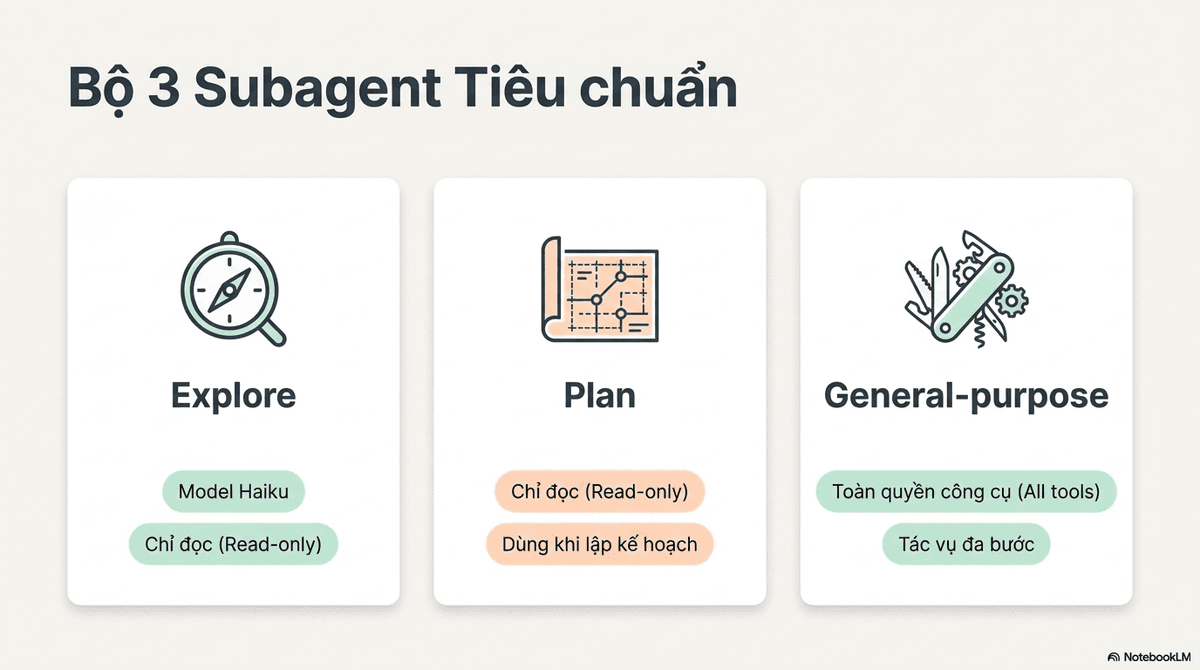 Ba subagent tiêu chuẩn của Claude Code: Explore dùng model Haiku và chỉ đọc, Plan chỉ đọc dùng khi lập kế hoạch, và General-purpose có toàn quyền công cụ.