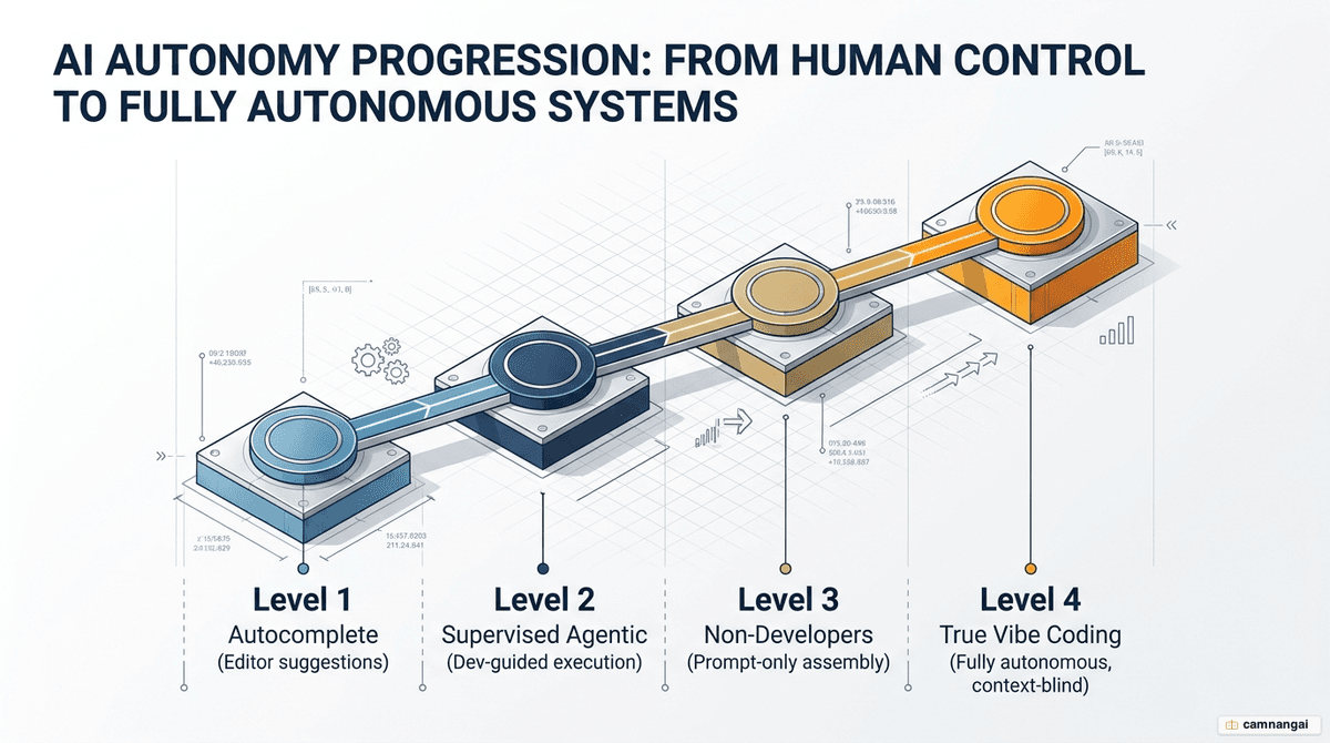 The four levels of interacting with AI while coding: autocomplete, supervised agentic coding, non-developers using AI, and true vibe coding.