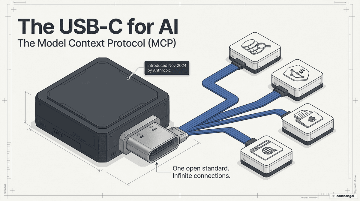 Illustration of MCP as a USB-C port for AI, connecting one AI model to many data sources and tools through a single standard