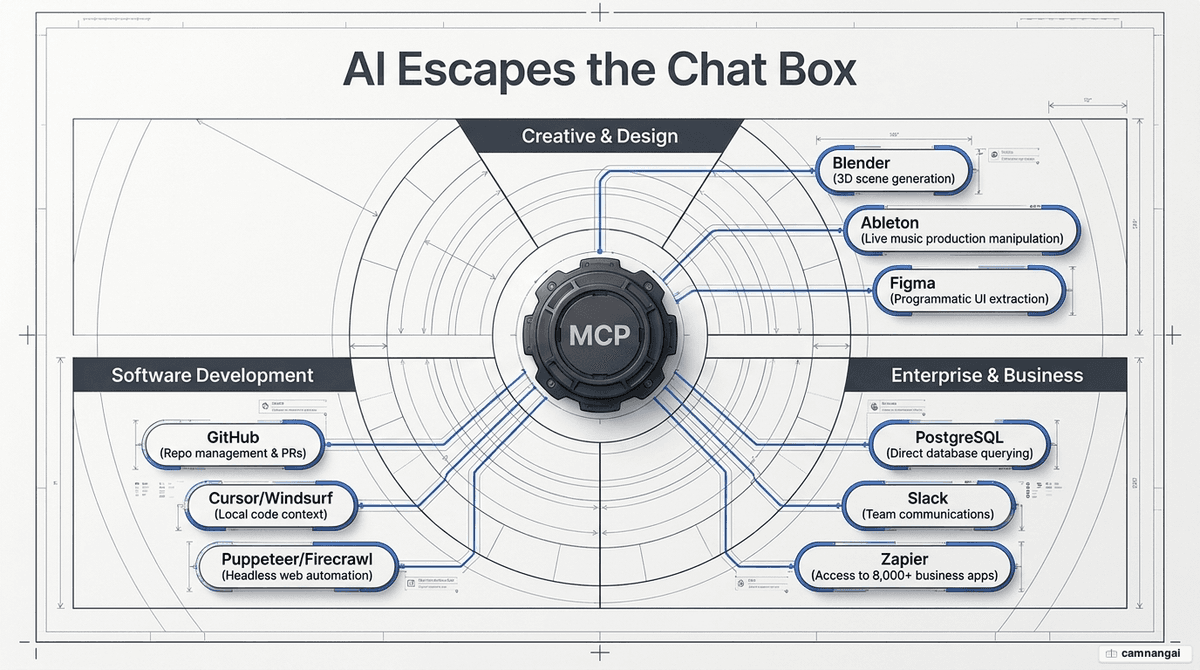 Map of the MCP ecosystem across three application groups: creative and design, software development, and enterprise