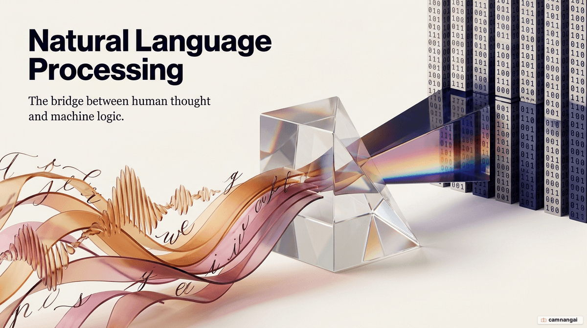 Illustration of natural language processing as a bridge connecting human language — text and speech — with binary machine code made of zeros and ones
