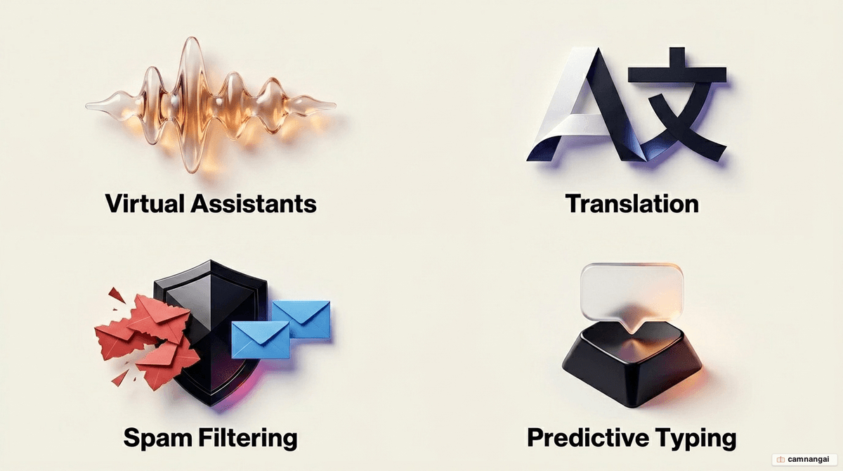 Illustration of NLP in everyday life: virtual assistants, machine translation, spam filtering, and predictive typing on a phone