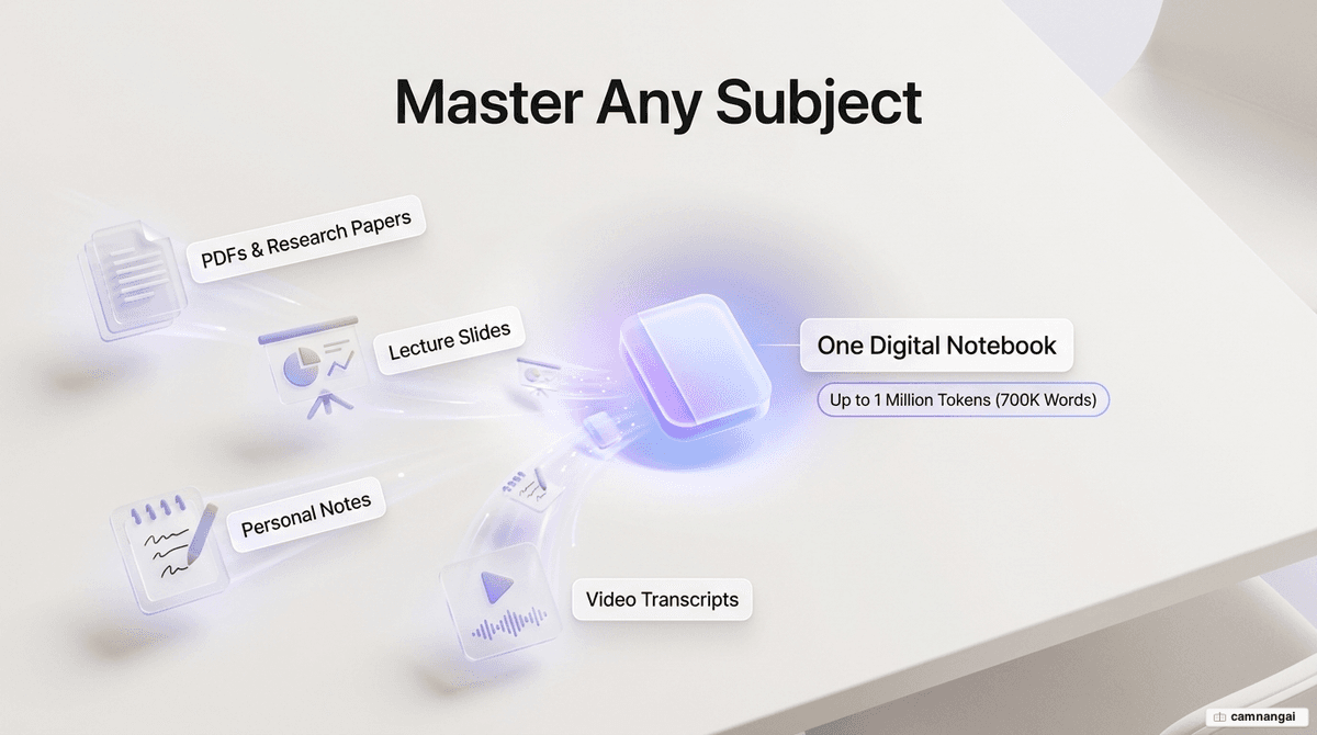Course materials such as PDFs, lecture slides, and personal notes converging into a single NotebookLM digital notebook.