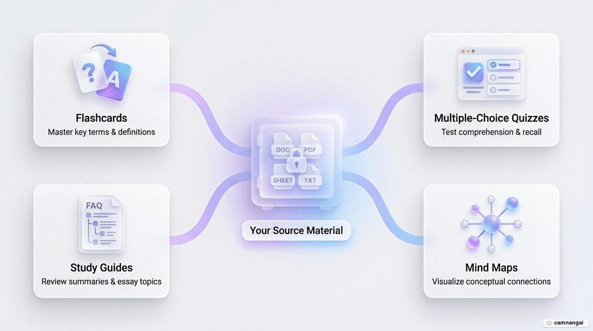 Diagram of a single NotebookLM notebook automatically generating flashcards, multiple-choice quizzes, a study guide, and a mind map.
