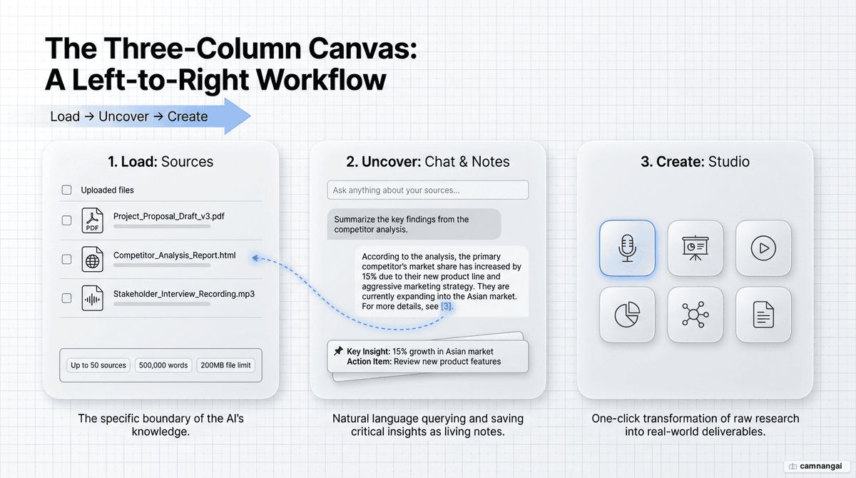NotebookLM's three-column interface: Sources for managing data, Chat/Notes for questions, Studio for creating outputs