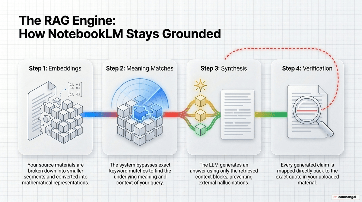 NotebookLM's four-step RAG pipeline: chunking and vectorizing, semantic search, grounded response, then citations